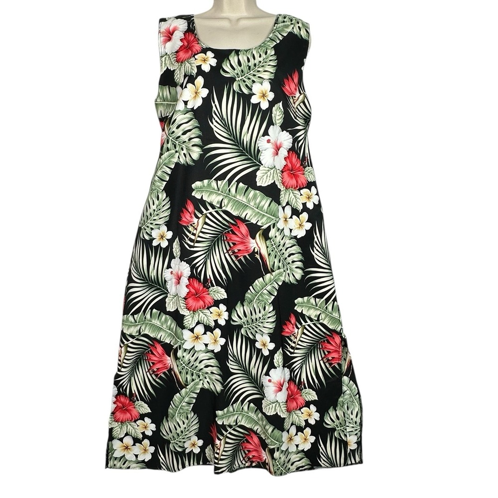 Vintage Y2K Tropical Floral Dress XL Black Hibiscus Sleeveless A-Line NWOT